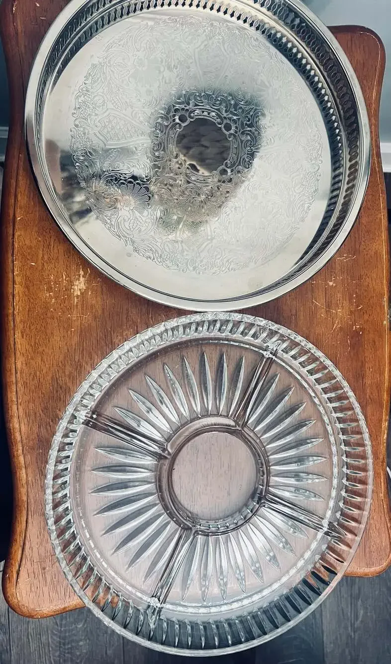 Vintage Silver Plated Serving Tray With Divided Glass Insert